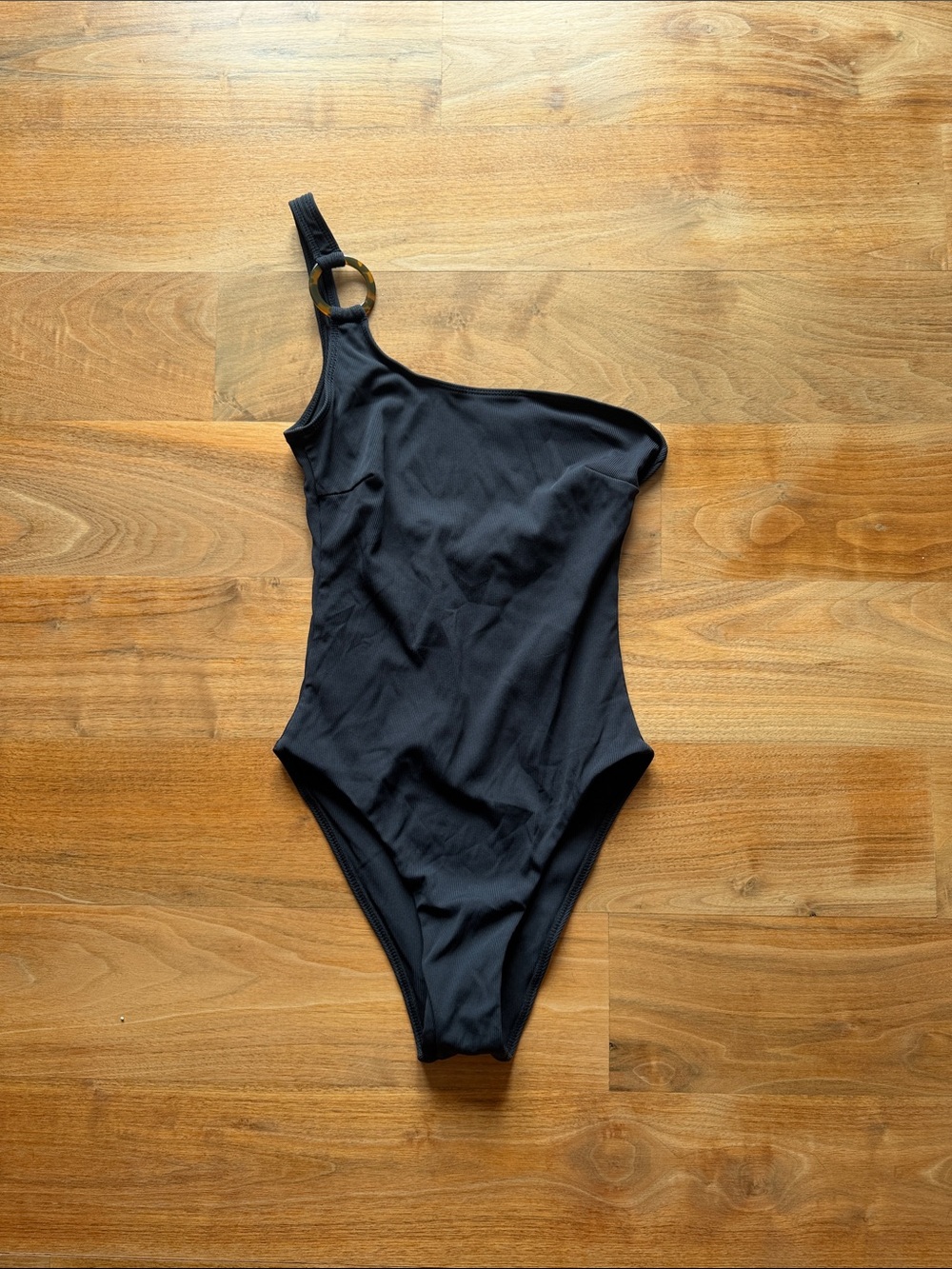 One-Shoulder Black Women's Swimsuit with Ring Detail